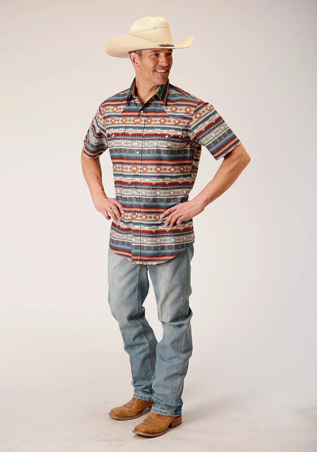 Streamlined Design birthday celebration Roper Mens Sandstone Aztec Grey 100% Cotton S/S Shirt