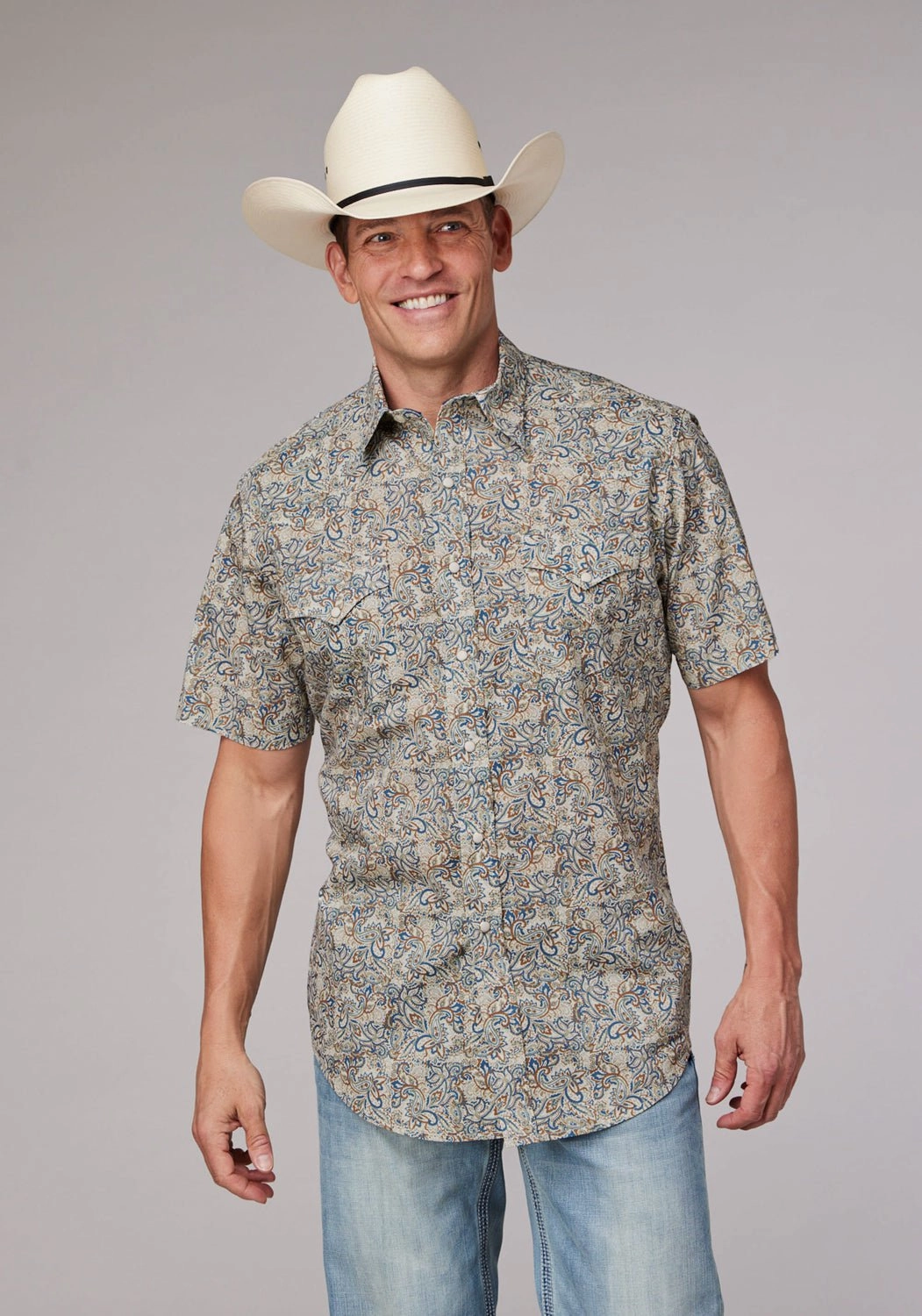 Roper Mens Sketchy Paisley Brown 100% Cotton S/S Shirt Sleeveless Cut Short Sleeve