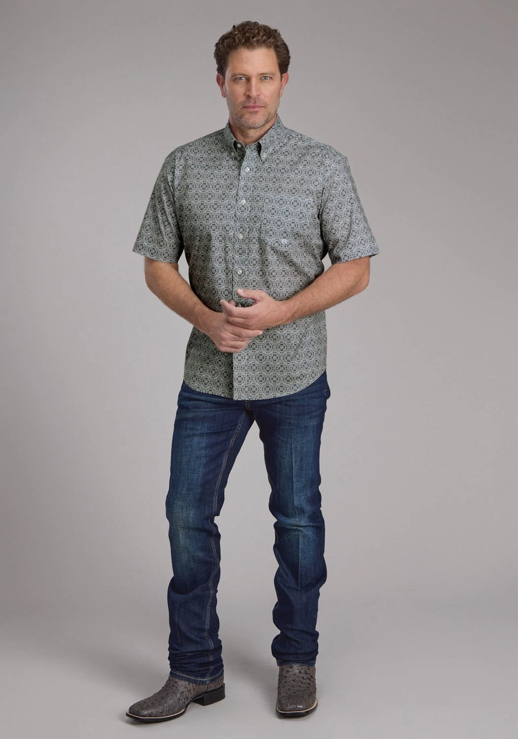 Roper Mens Stretch Medallion Paisley Grey Cotton Blend 1 Pkt S/S Shirt Youth fashion Durable Texture
