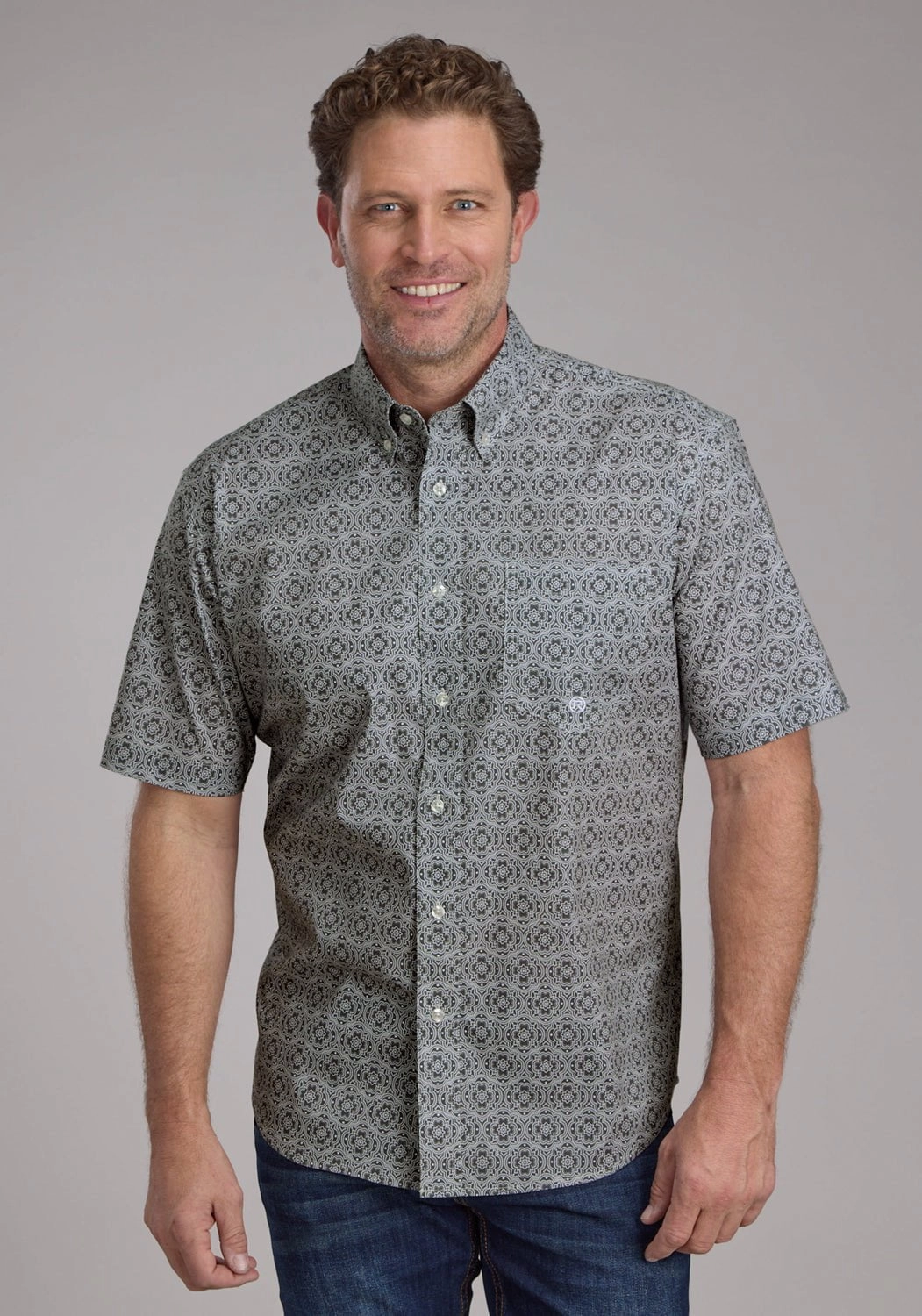 Roper Mens Stretch Medallion Paisley Grey Cotton Blend 1 Pkt S/S Shirt Premium Pima Cotton Gradient effect