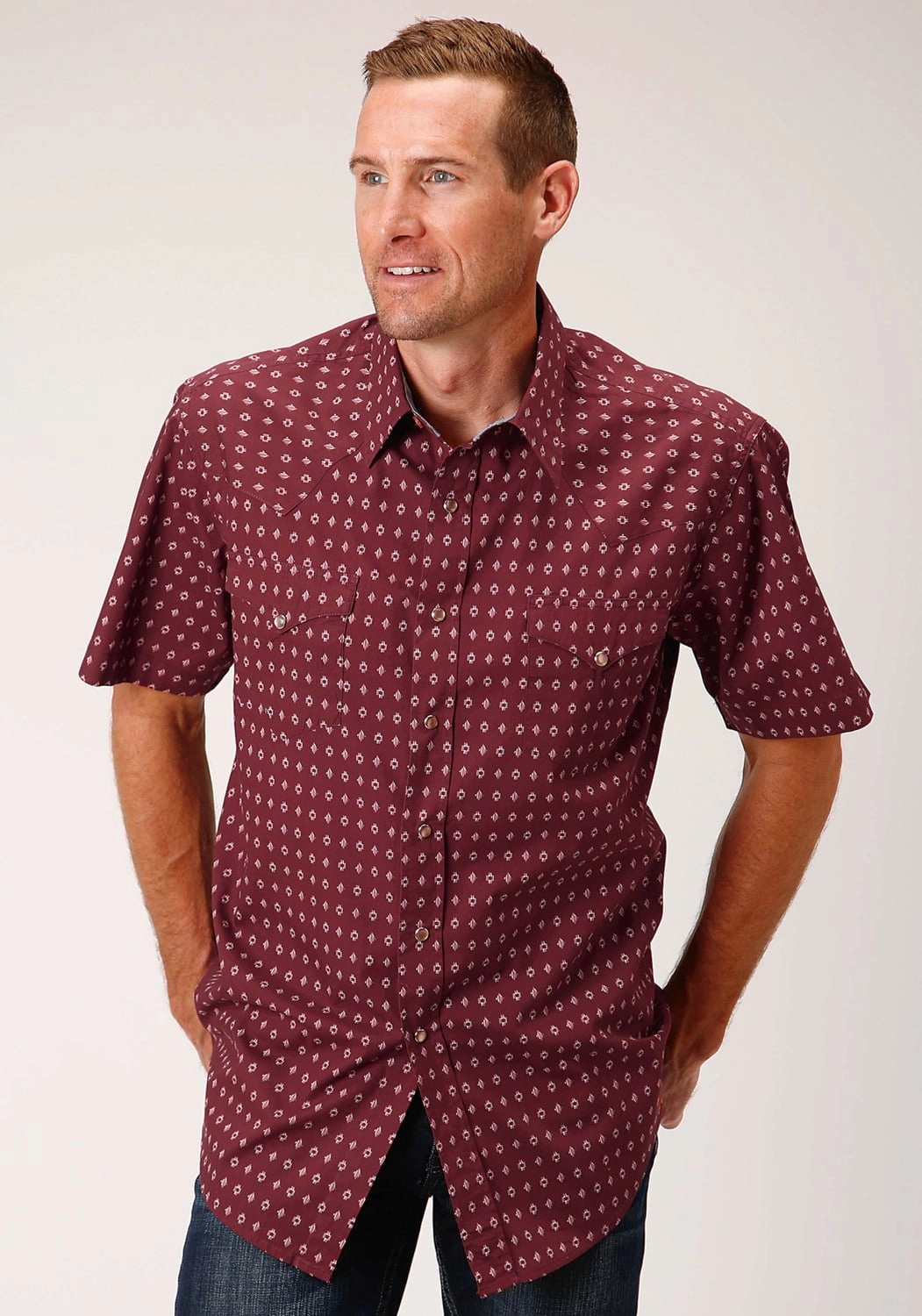 Roper Mens Texture Diamond Red 100% Cotton S/S Shirt Smooth Finish Cozy Wear