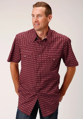 Roper Mens Texture Diamond Red 100% Cotton S/S Shirt Smooth Finish Cozy Wear