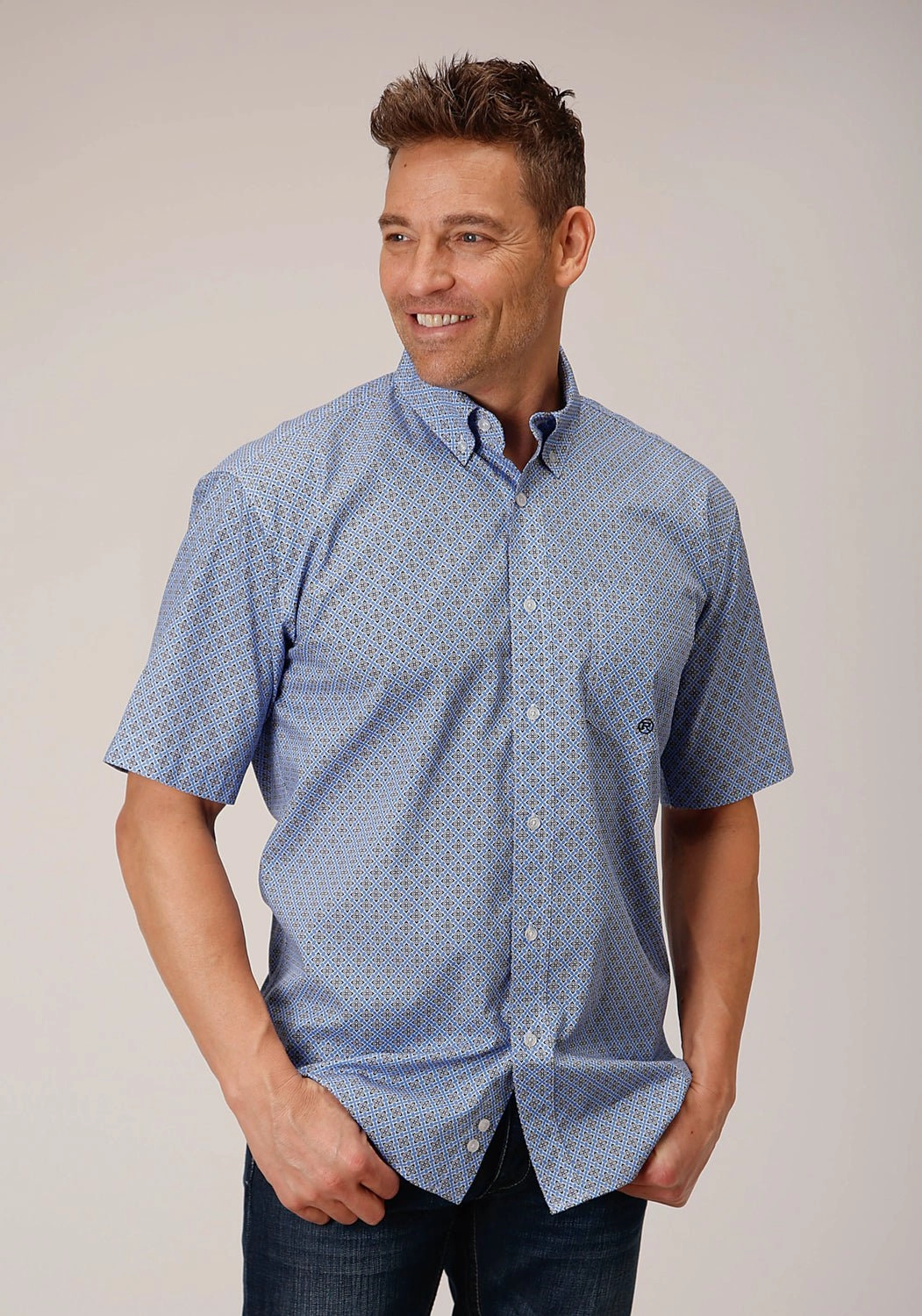 Roper Mens Thistle Foulard Blue 100% Cotton S/S Shirt Weekend Outing Casual Fit