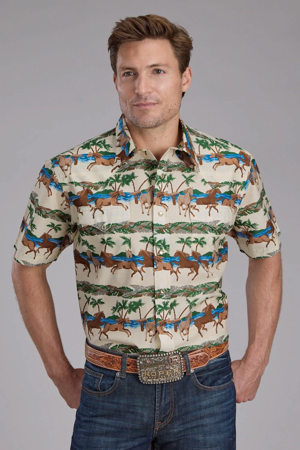 Roper Mens Tropical Horses Brown/Green 100% Cotton S/S Shirt Timeless Style Sporty Layer