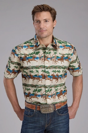 Roper Mens Tropical Horses Brown/Green 100% Cotton S/S Shirt Timeless Style Sporty Layer