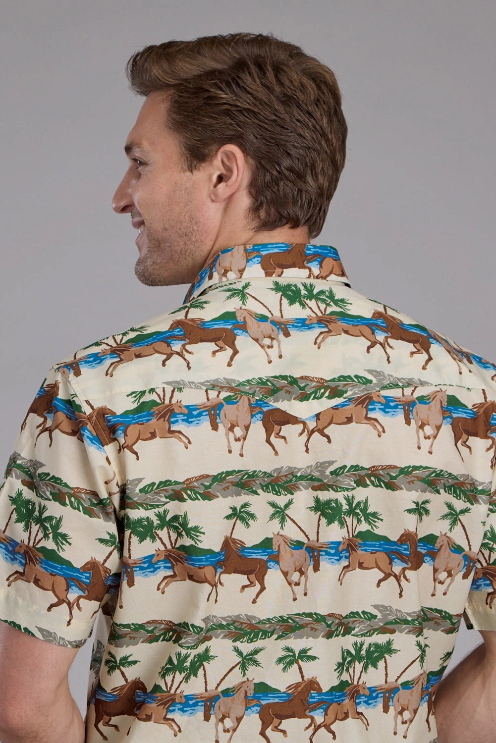 Embroidered Detail Lightweight Comfort Roper Mens Tropical Horses Brown/Green 100% Cotton S/S Shirt