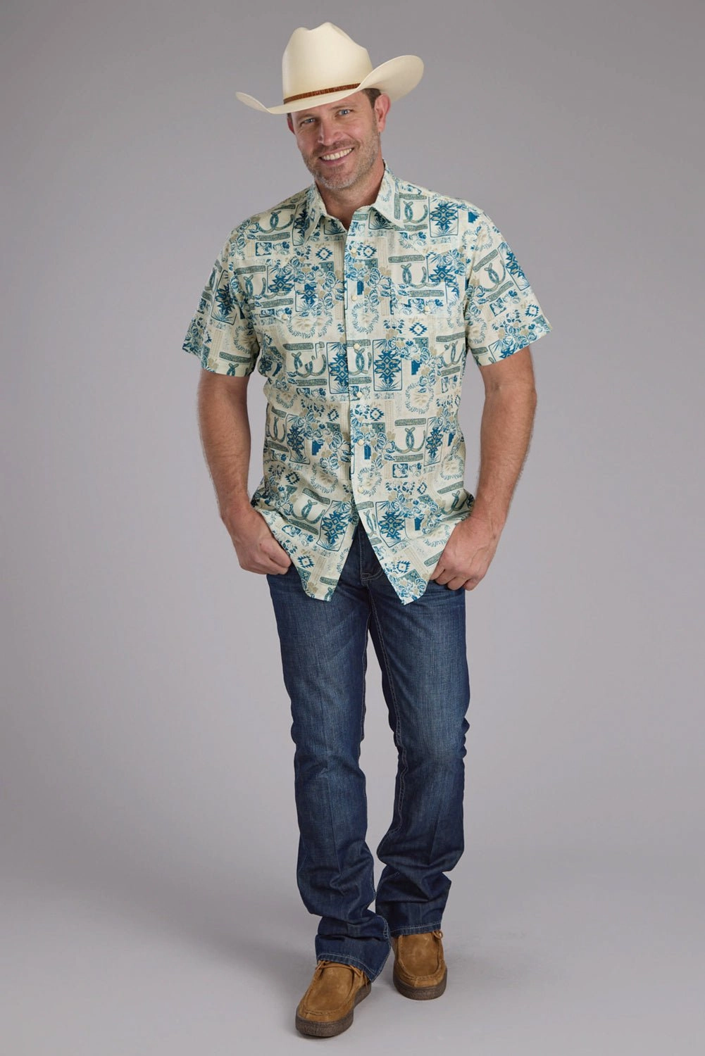 Roper Mens Tropical Resort Print Brown/Blue 100% Cotton S/S Shirt Stretch Fit Technology