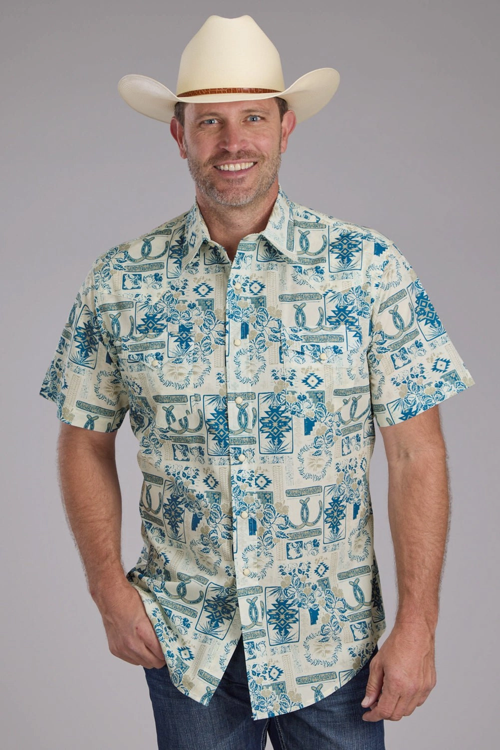 High-Quality Fabric Roper Mens Tropical Resort Print Brown/Blue 100% Cotton S/S Shirt