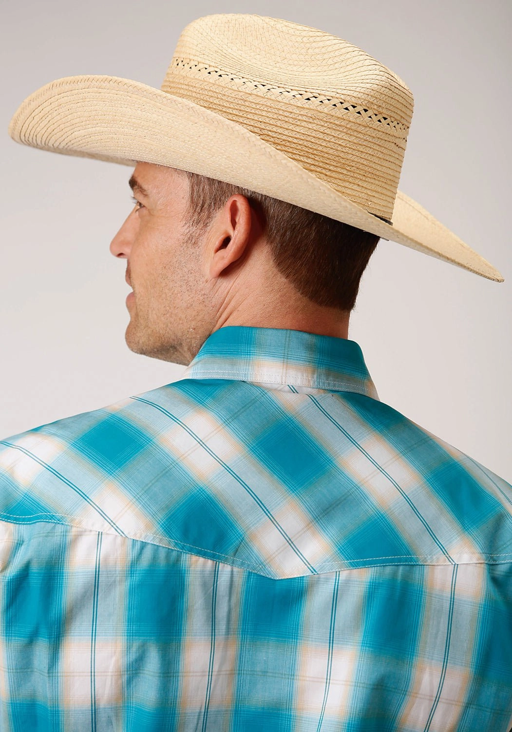 adult clothing Roper Mens Turquoise 100% Cotton Sand Ombre S/S Plaid Shirt