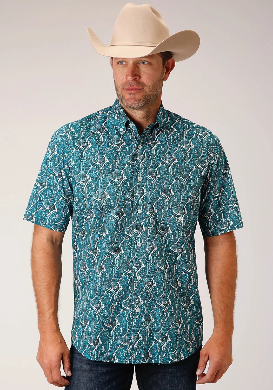 Roper Mens Turquoise 100% Cotton Upstream Paisley BD S/S 1 Pkt Shirt On-The-Go Style Workwear Casual