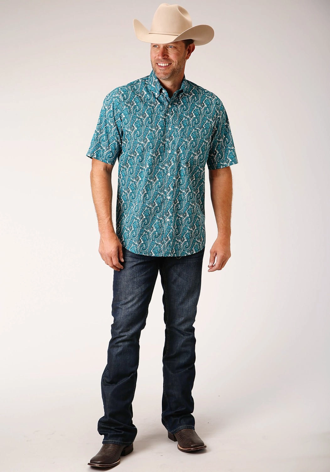 Ultra Soft Interior Roper Mens Turquoise 100% Cotton Upstream Paisley BD S/S 1 Pkt Shirt