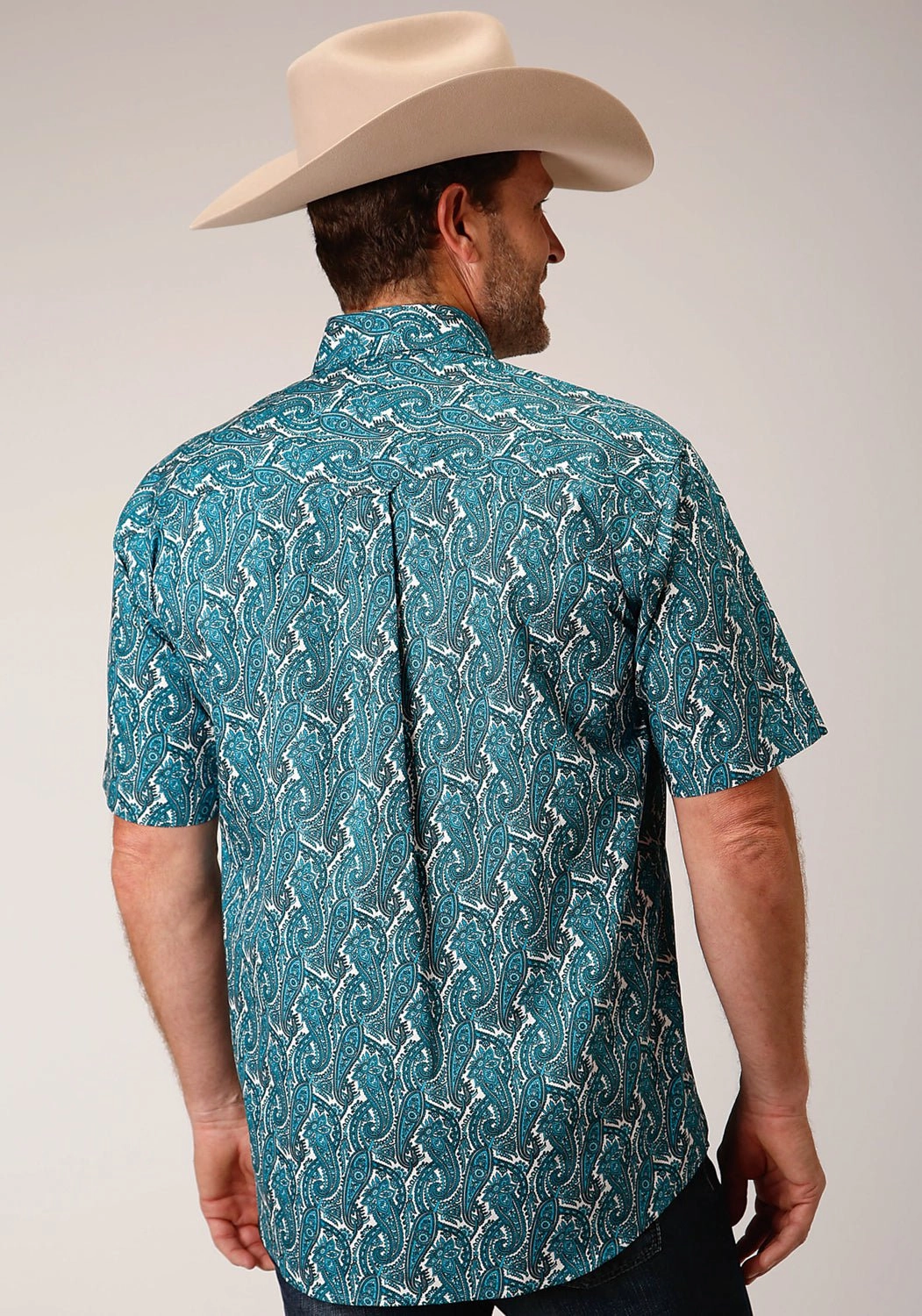 Seamless construction Roper Mens Turquoise 100% Cotton Upstream Paisley BD S/S 1 Pkt Shirt