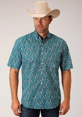 Comfortable Design Waffle Weave Roper Mens Turquoise 100% Cotton Upstream Paisley BD S/S 1 Pkt Shirt