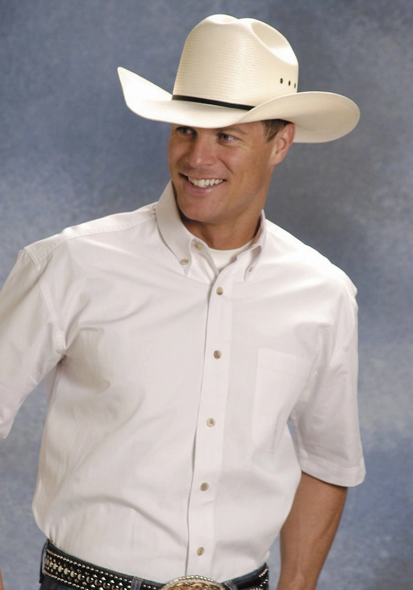 Roper Mens White 100% Cotton S/S 1 Pkt Button Down Poplin Western Shirt Plus Size Fit