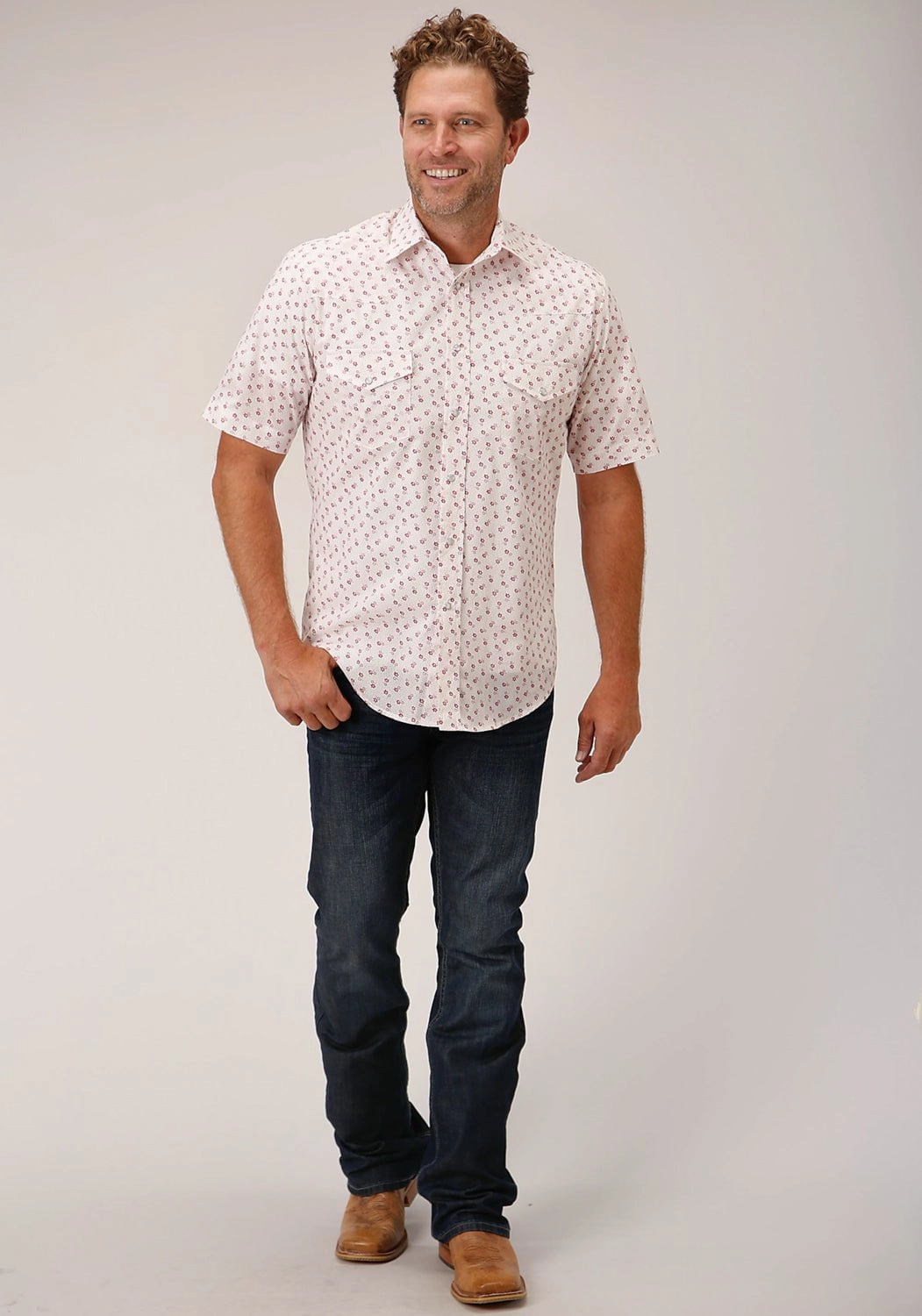 Roper Mens White/Red Cotton Blend Floral S/S 55/45 Shirt Ergonomic Sleeve Cut