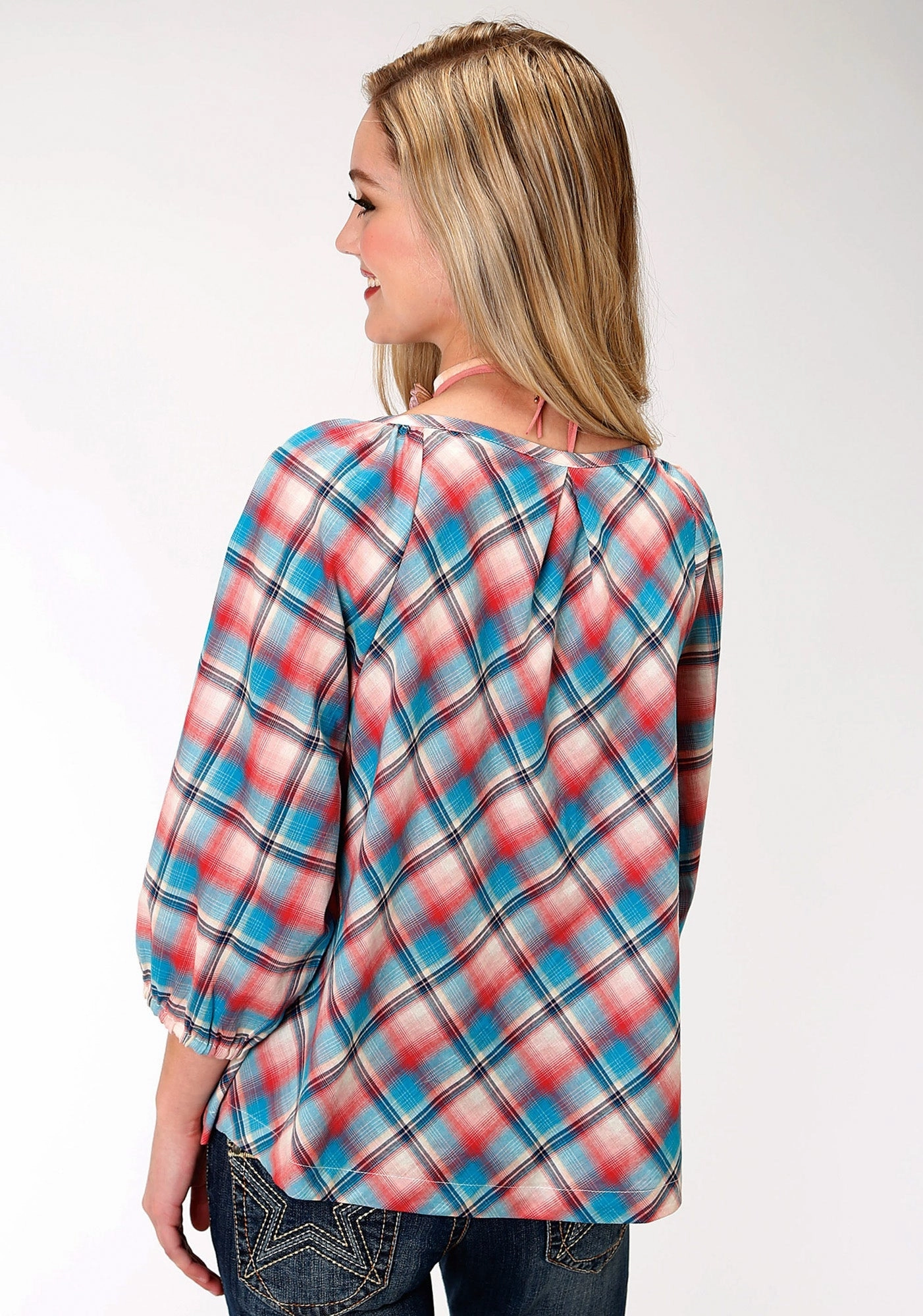 Hidden Placket Non Iron Fabric Roper Plaid Womens Red 100% Cotton Desert Sunrise S/S Blouse