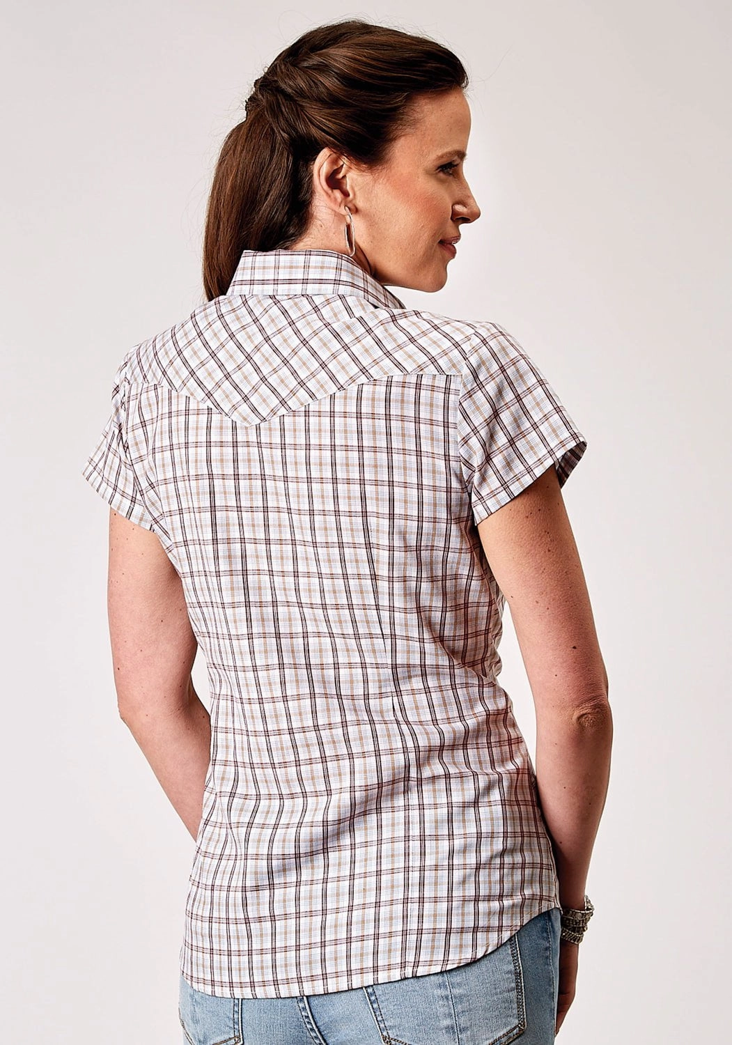 Roper Womens 1969 Vintage Plaid Cream Cotton Blend S/S Shirt Anti Pilling Finish Tailored Cut