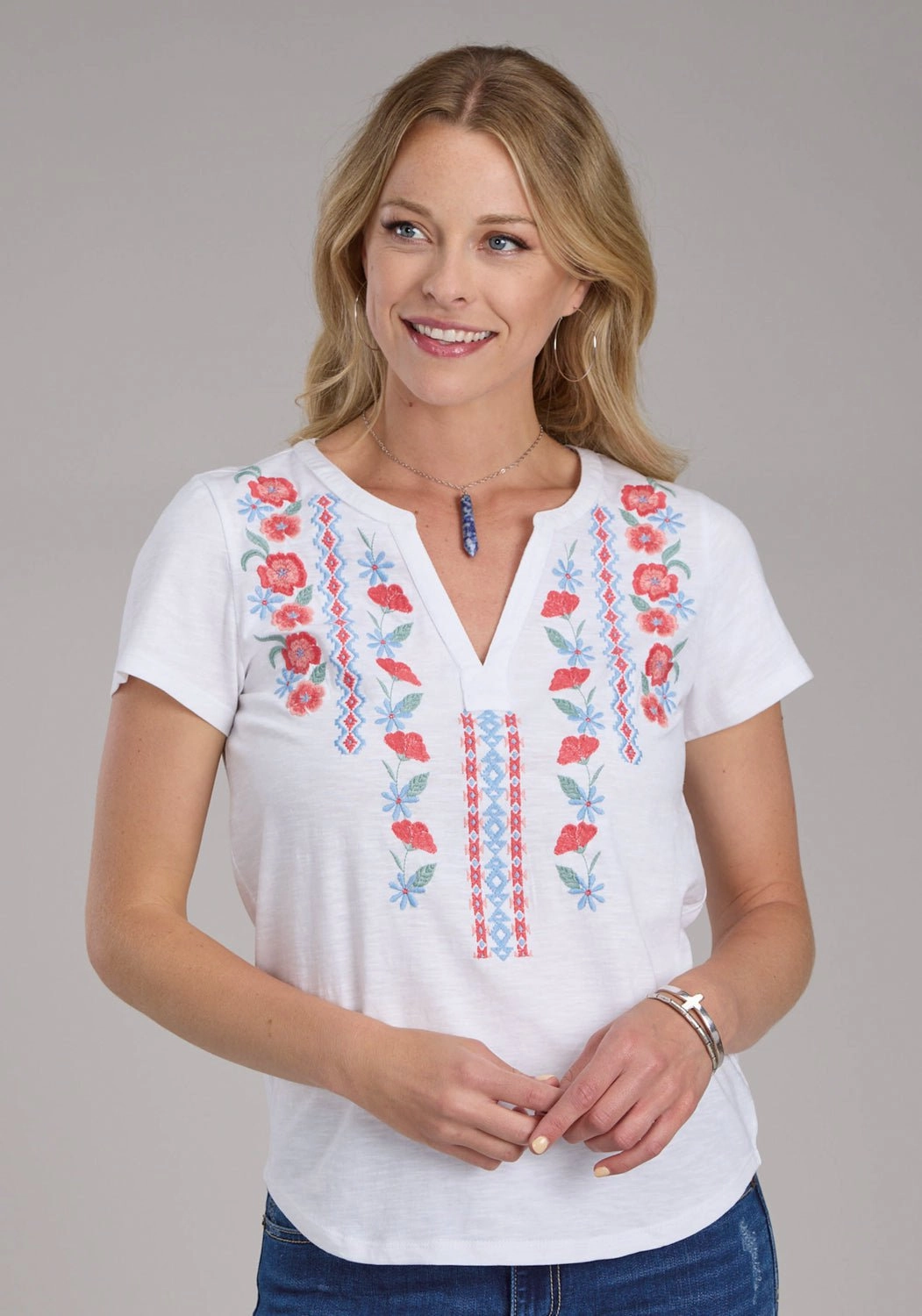 Roper Womens 2434 Red Flowers White 100% Cotton S/S T-Shirt Timeless Style Fall Foliage