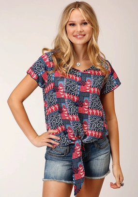 Roper Womens Bandana Print Red 100% Rayon S/S Blouse Friends Meetup