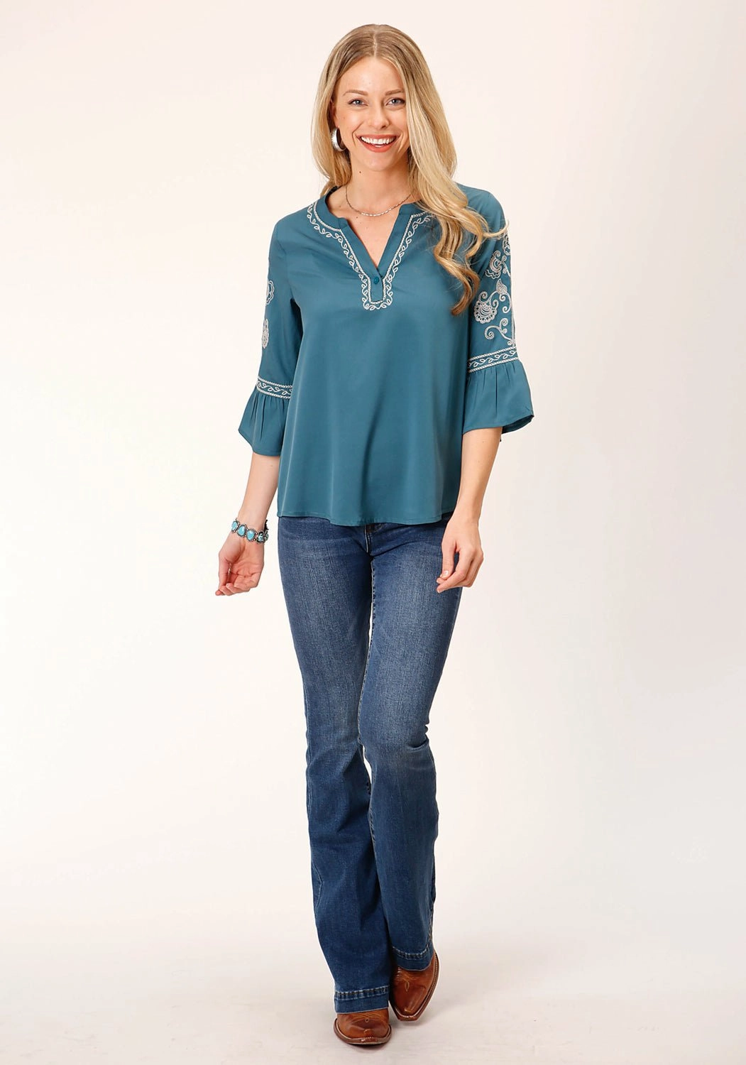 Roper Womens Bell Sleeve Teal 100% Polyester S/S Blouse Sustainable Choice