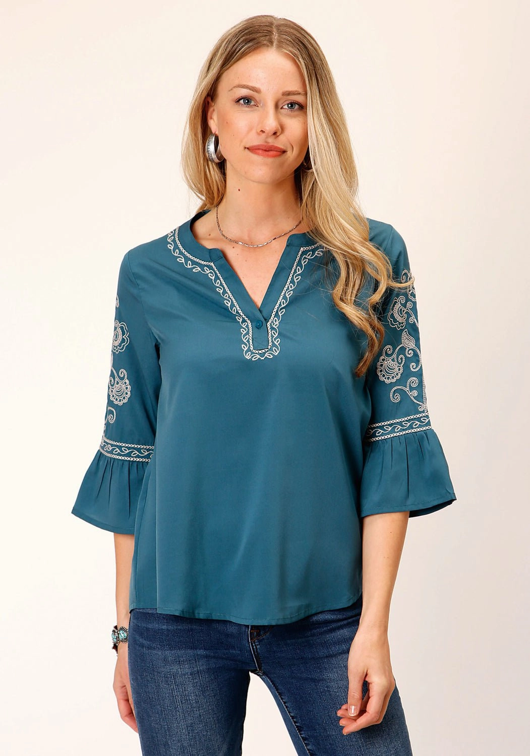 Seamless Shoulder Roper Womens Bell Sleeve Teal 100% Polyester S/S Blouse