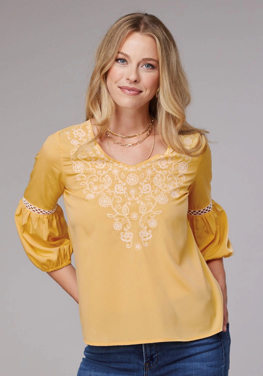 Roper Womens Bishop Sleeve Crepe Yellow 100% Polyester S/S Blouse Durable Button Closures High-End Fabric