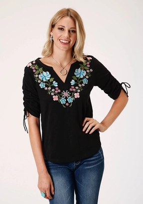 Roper Womens Black 100% Cotton Floral Crewel S/S Ties Tunic garden party Stylish Element