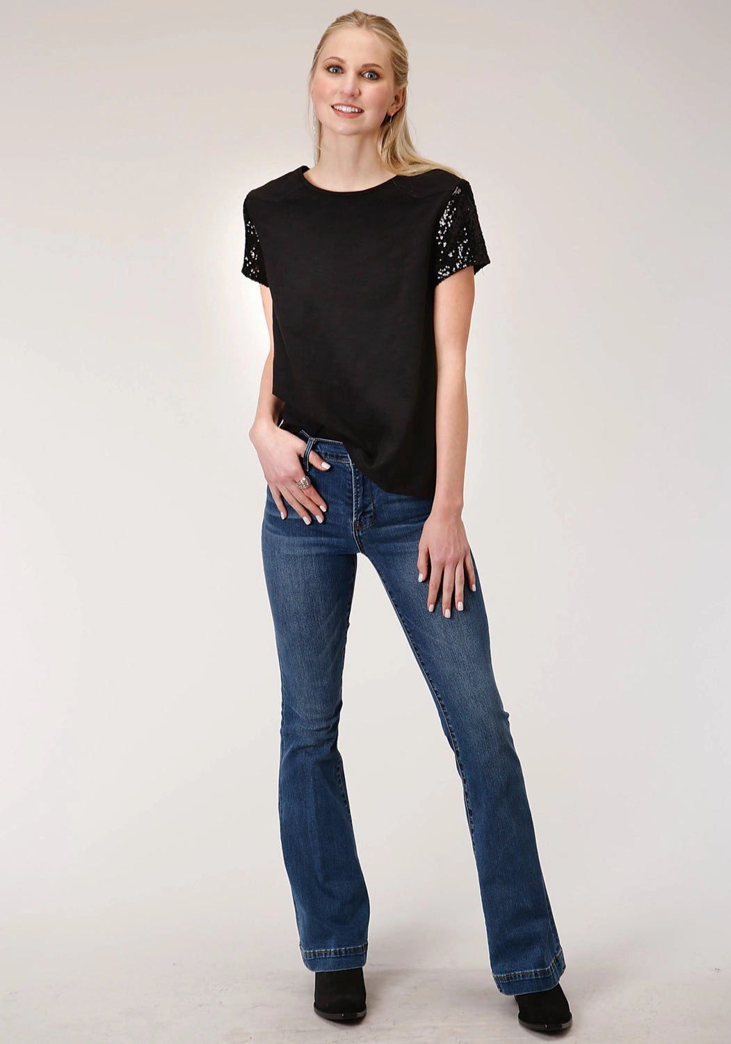 Roper Womens Black 100% Cotton Western Swing S/S T-Shirt Tagless Design Microfiber Material