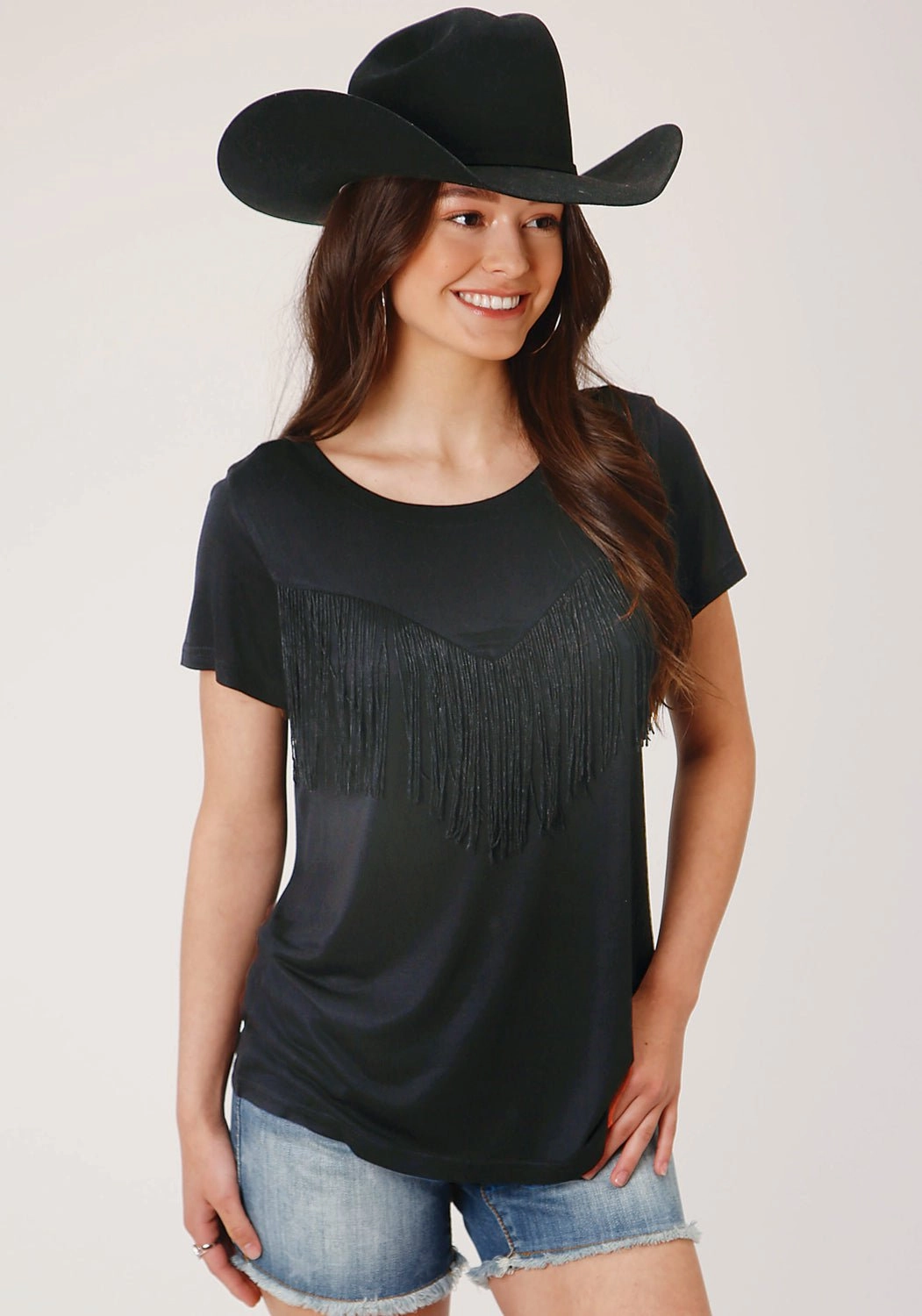 Trendy Pattern Roper Womens Black Poly/Rayon Fringe Knit S/S T-Shirt