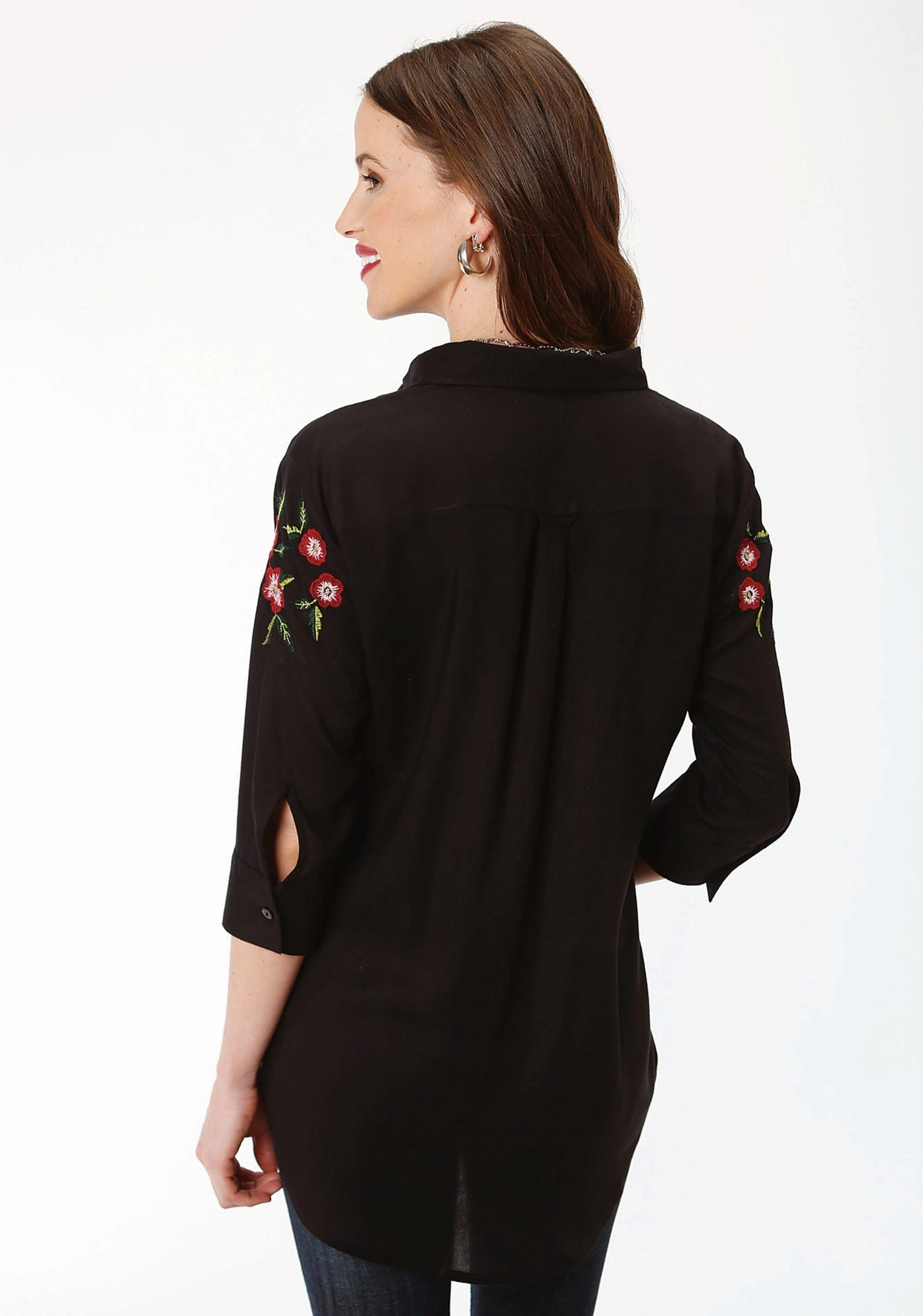 Roper Womens Black Rayon/Nylon Floral Challis S/S Shirt High-End Fashion Lightweight Layers