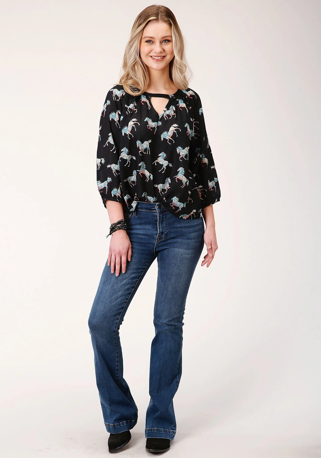 Professional Look Versatile Look Roper Womens Black Rayon/Nylon Wild Horses 3/4 Sleeve Blouse
