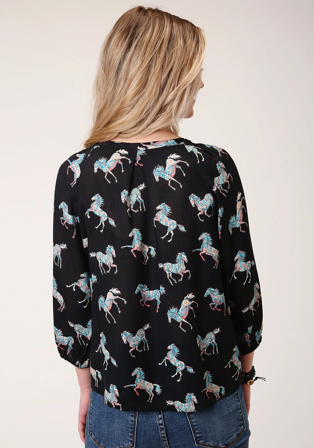 Teen Fashion Roper Womens Black Rayon/Nylon Wild Horses 3/4 Sleeve Blouse