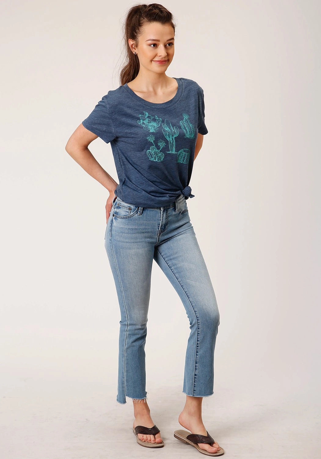 Embellished Neckline Earthy Hue Roper Womens Cactus Crew Navy Poly/Rayon S/S T-Shirt