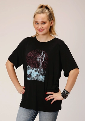 Casual Day Roper Womens Cactus Moon Black Poly/Rayon S/S T-Shirt