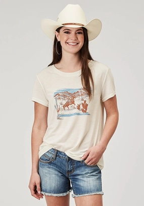 Cruise Collection Roper Womens Cowboy Scene Cream Poly/Cotton S/S T-Shirt