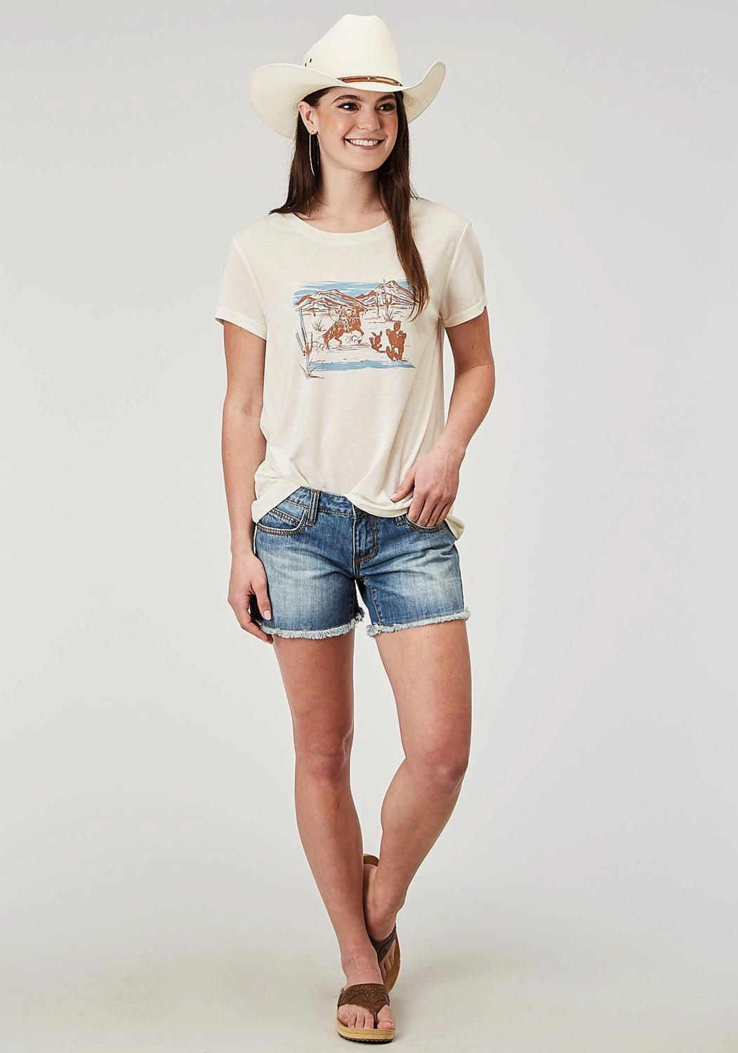 Roper Womens Cowboy Scene Cream Poly/Cotton S/S T-Shirt Contemporary Design