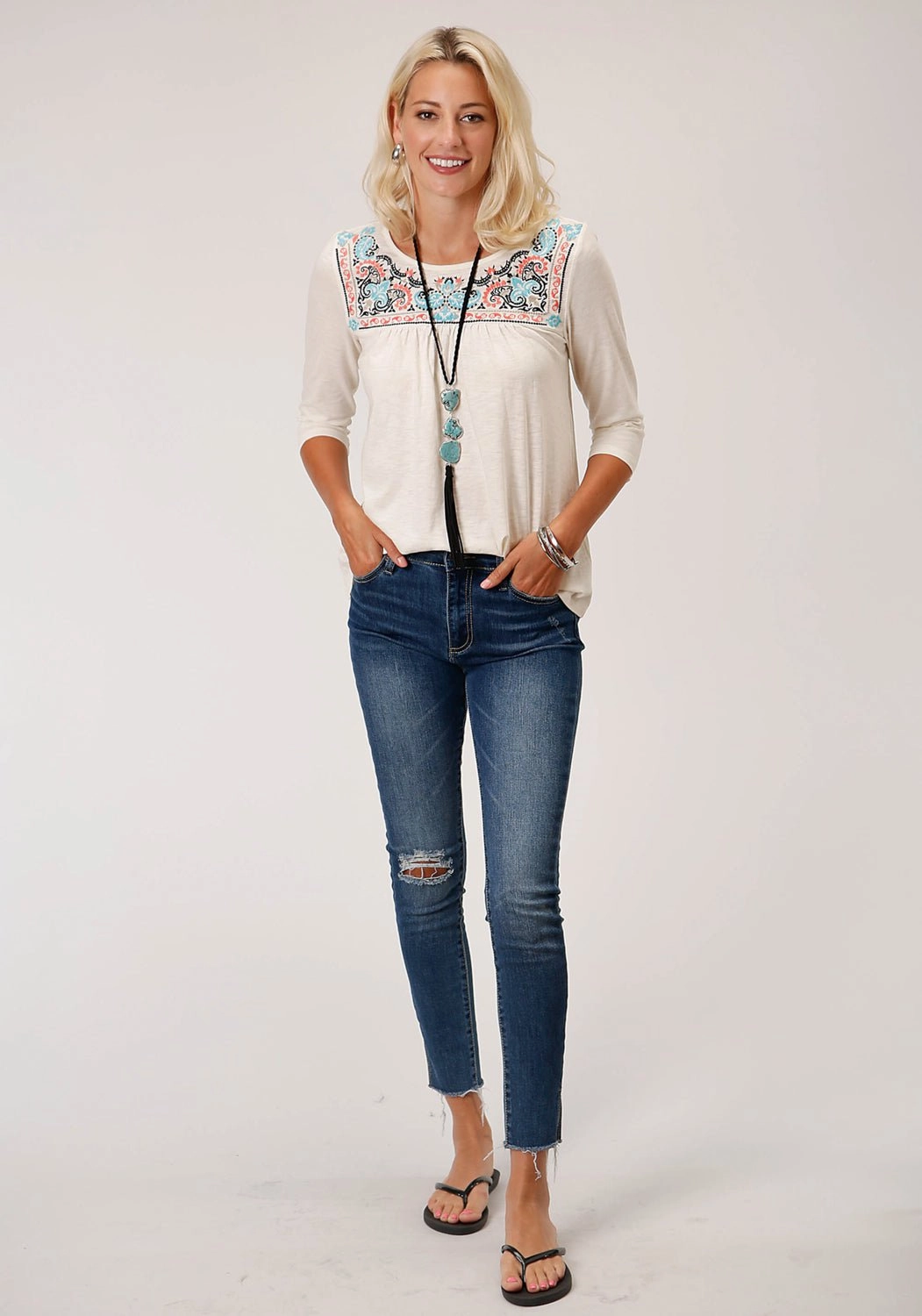 Roper Womens Cream 100% Cotton Fleur de Lis S/S Tunic Exclusive Collection Pastel Shade