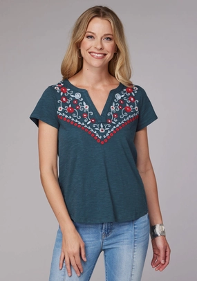 Wrinkle-Resistant Roper Womens Curved Floral Split V Blue 100% Cotton S/S T-Shirt