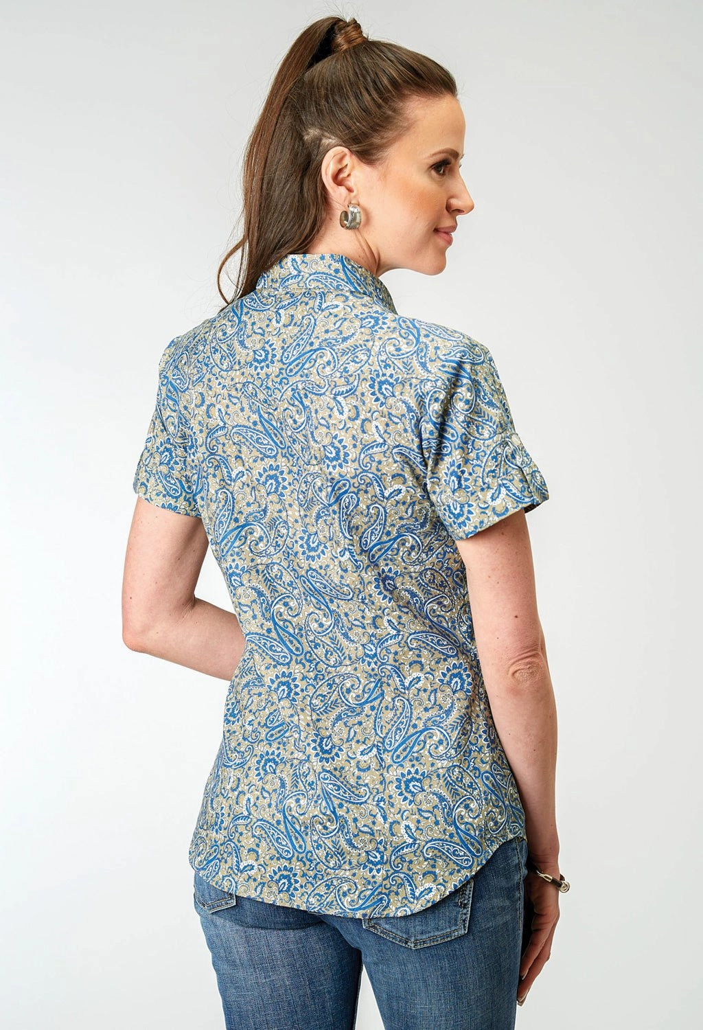 Roper Womens Delft Paisley Blue 100% Cotton S/S Shirt Flatlock stitching