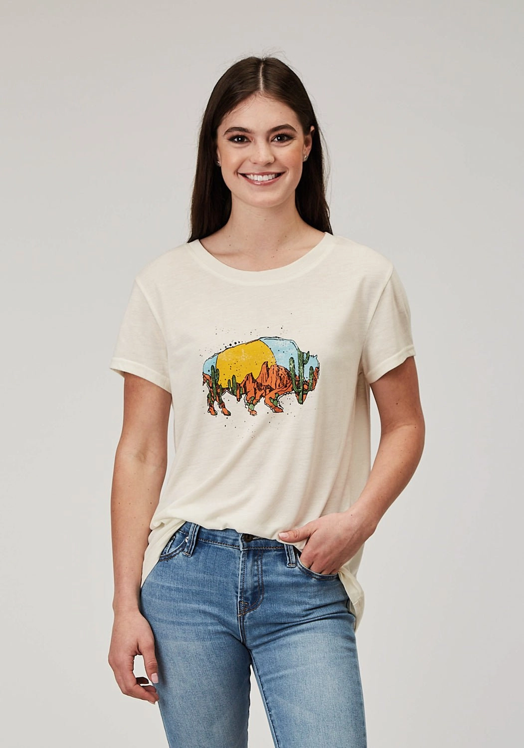 Roper Womens Desert Buffalo Cream Poly/Cotton S/S T-Shirt Stylish Comfort Quick Dry Technology