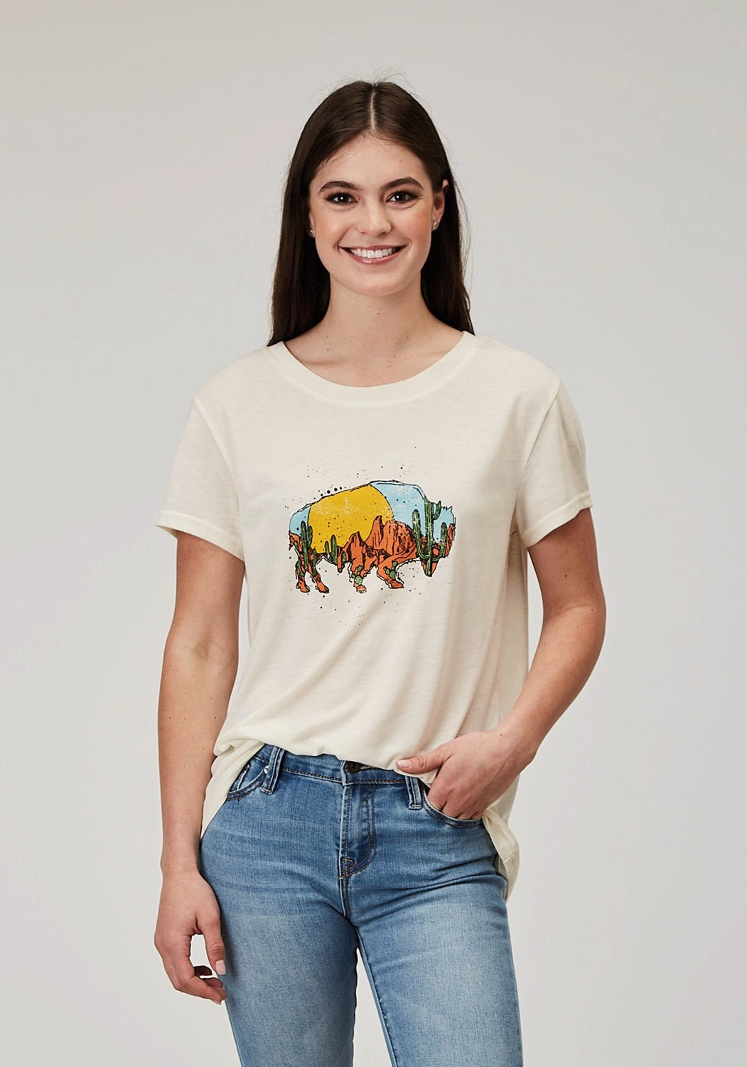 Versatile Outfit Eco-Friendly Choice Roper Womens Desert Buffalo Cream Poly/Cotton S/S T-Shirt