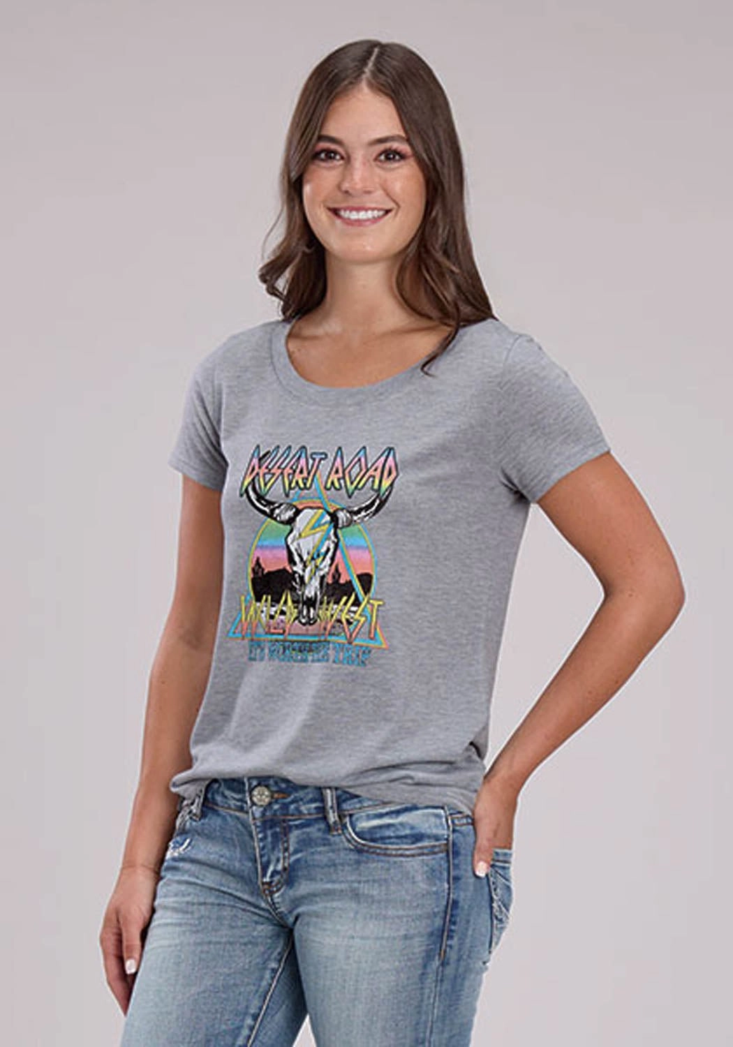 Roper Womens Desert Road Longhorn Grey Poly/Rayon S/S T-Shirt Daytime Look