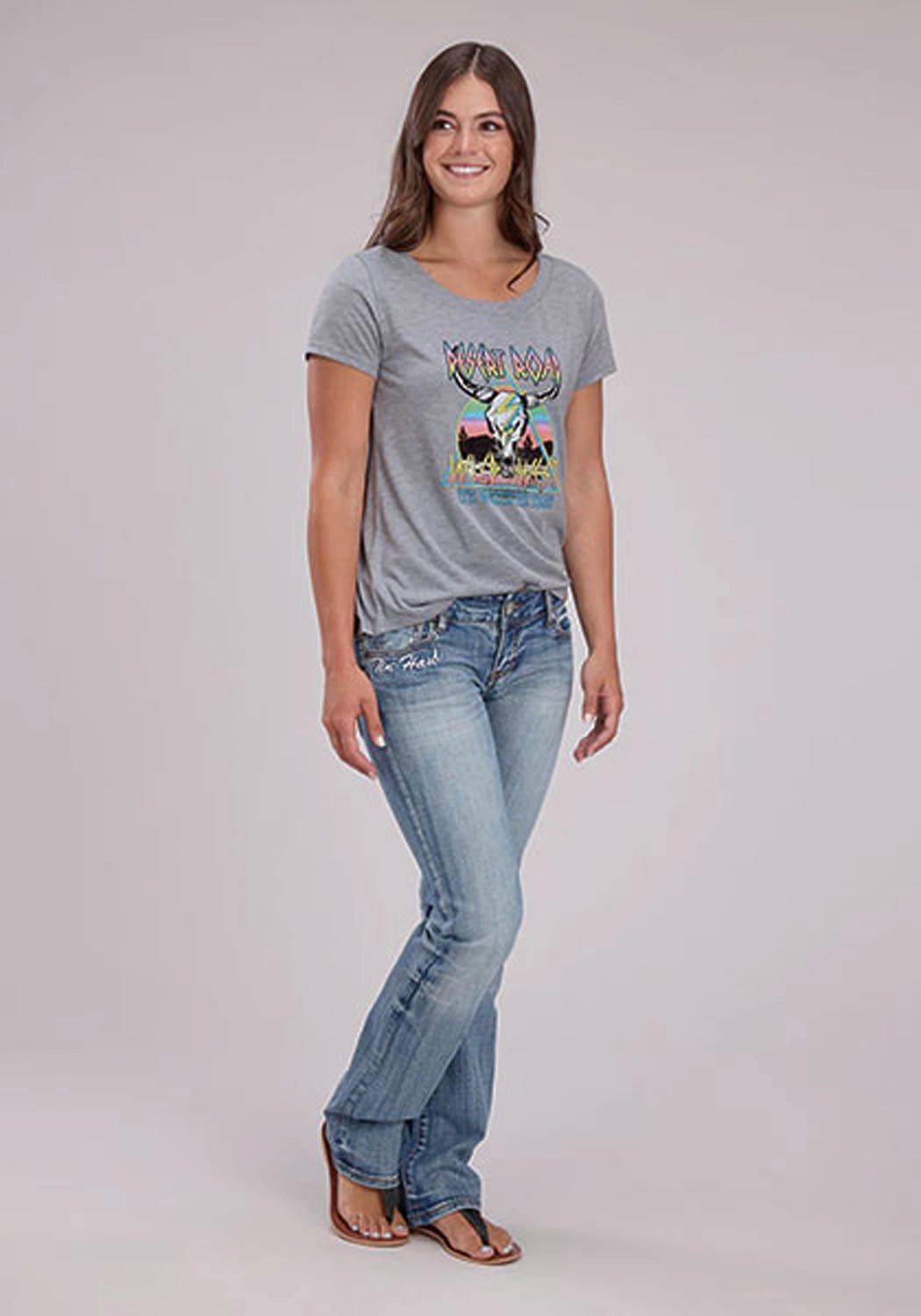 Lounge Comfort Roper Womens Desert Road Longhorn Grey Poly/Rayon S/S T-Shirt