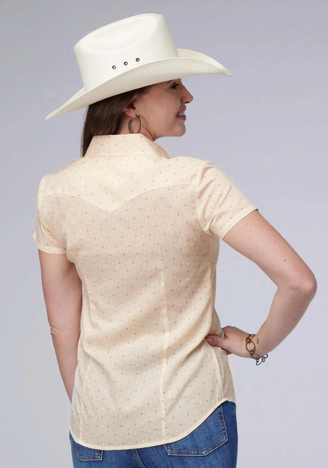 Double Stitched Hems Summer Camp Roper Womens Diamond Wallpaper Cream Cotton Blend S/S Shirt