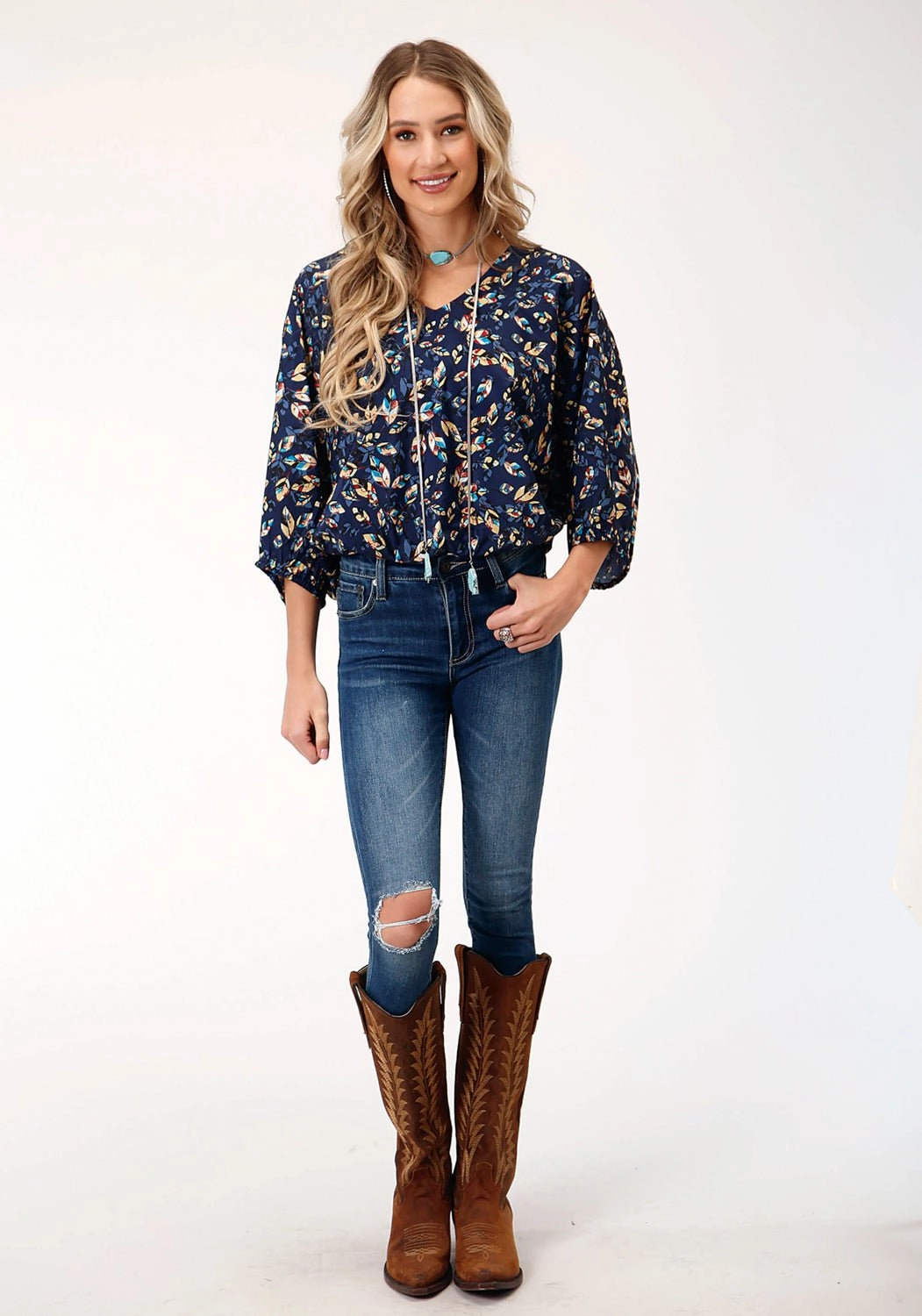 Roper Womens Feather Foliage Blue Polyester 3/4 Sleeve S/S Tunic Embroidered Logo