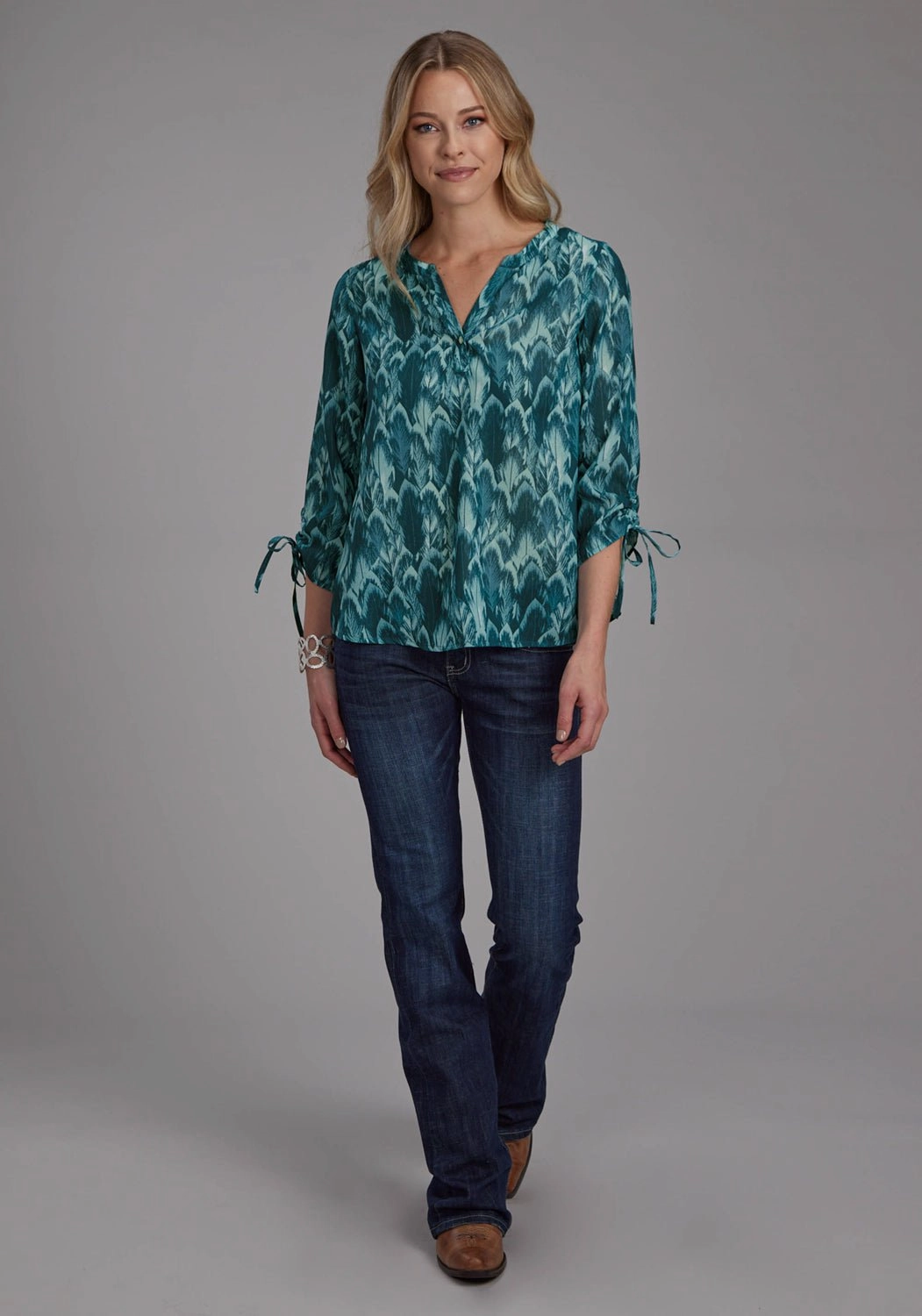 Unisex Option Smooth Cotton Blend Roper Womens Feather Georgette Teal 100% Polyester 3/4 Sleeve S/S Blouse