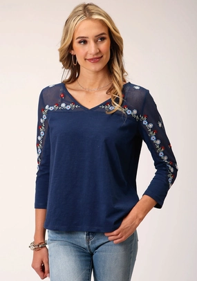 Stretch Fit Technology Trendy Vibes Roper Womens Floral Mesh Blue 100% Cotton 3/4 Sleeve S/S Tunic