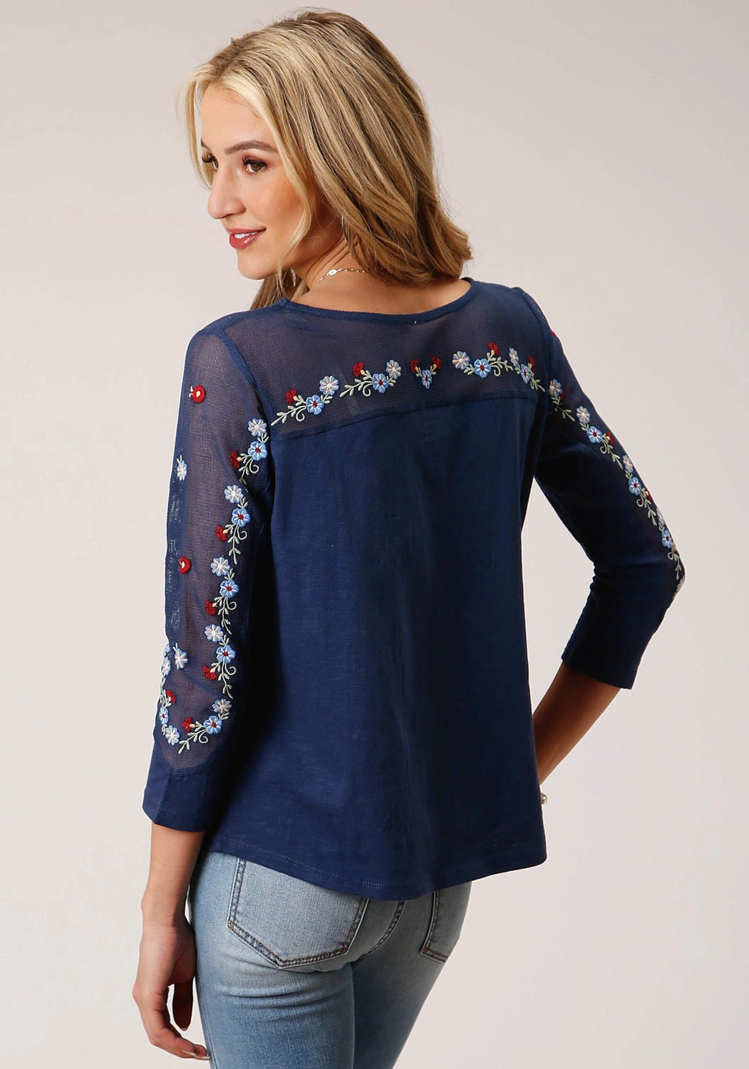 Roper Womens Floral Mesh Blue 100% Cotton 3/4 Sleeve S/S Tunic Athletic Look Layered Hemline