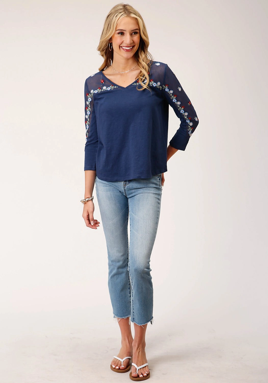 Roper Womens Floral Mesh Blue 100% Cotton 3/4 Sleeve S/S Tunic Casual Chic Year-Round Favorite