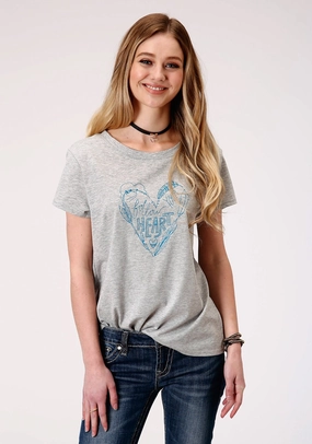 Anti Static Finish Roper Womens Gray Poly/Rayon Blue Heart S/S T-Shirt